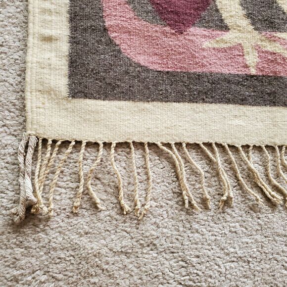 70s Mexican Owl Rug Wall Tapestry Boho Neutral Beige Mauve Hippie Art Decor VTG - Picture 6 of 8